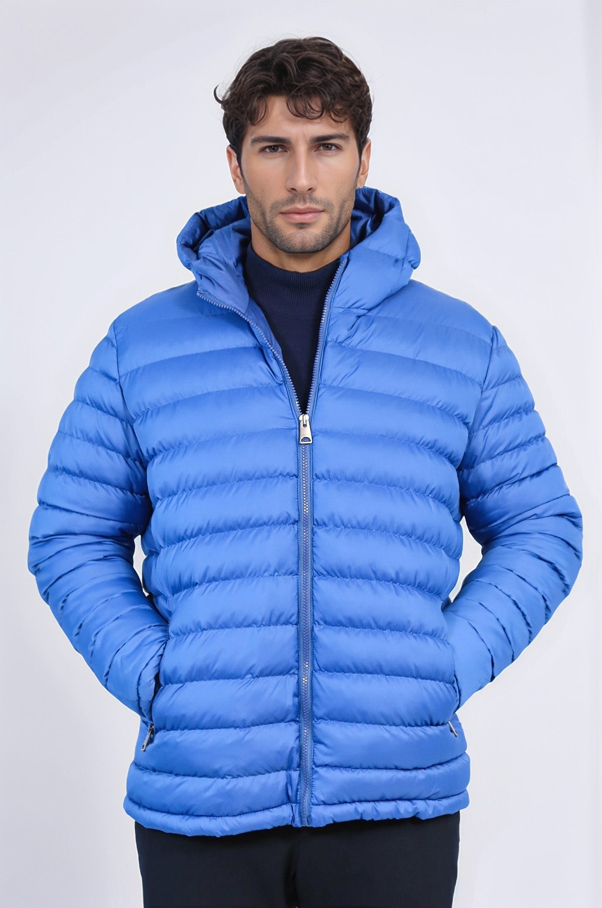 Quilted Hooded Puffer Blue Men's Coat - Wessi