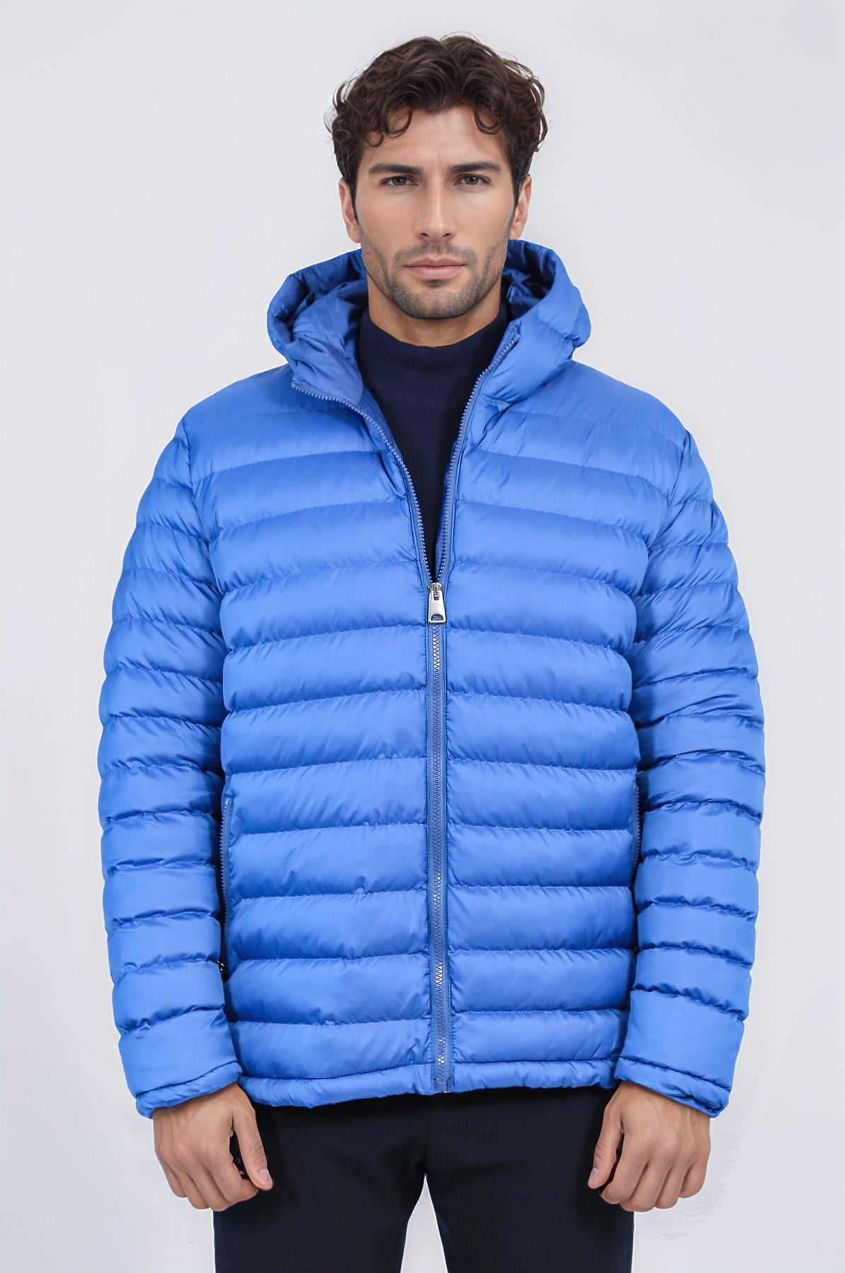 Quilted Hooded Puffer Blue Men's Coat - Wessi