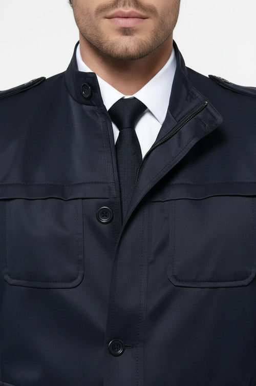 Plain Navy Blue Men Short Coat - Wessi