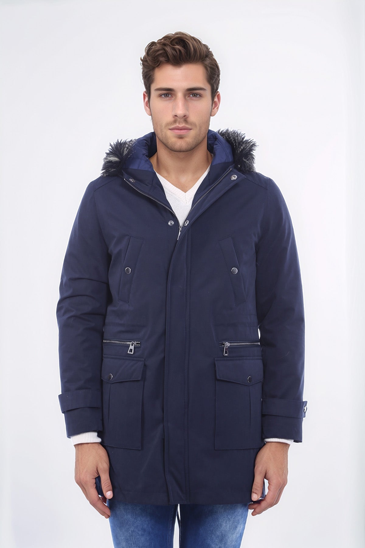 Fur Hooded Navy Blue Men Coat - Wessi