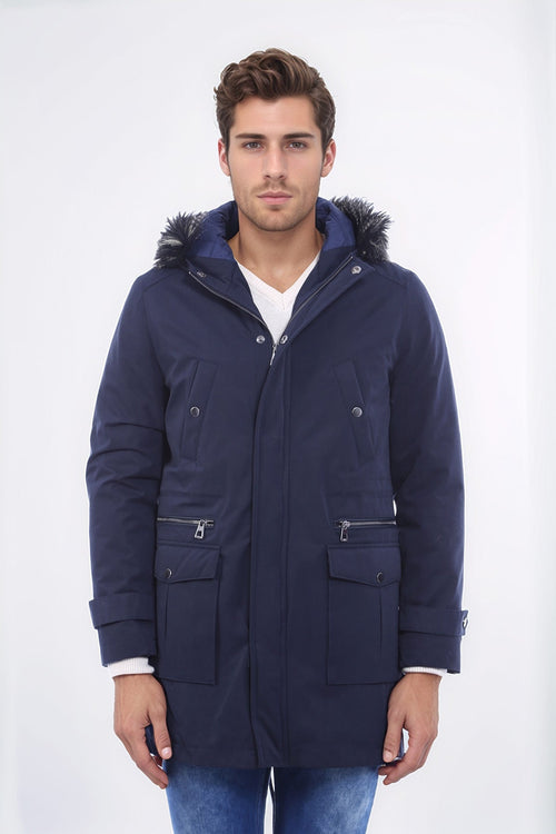 Fur Hooded Navy Blue Men Coat - Wessi
