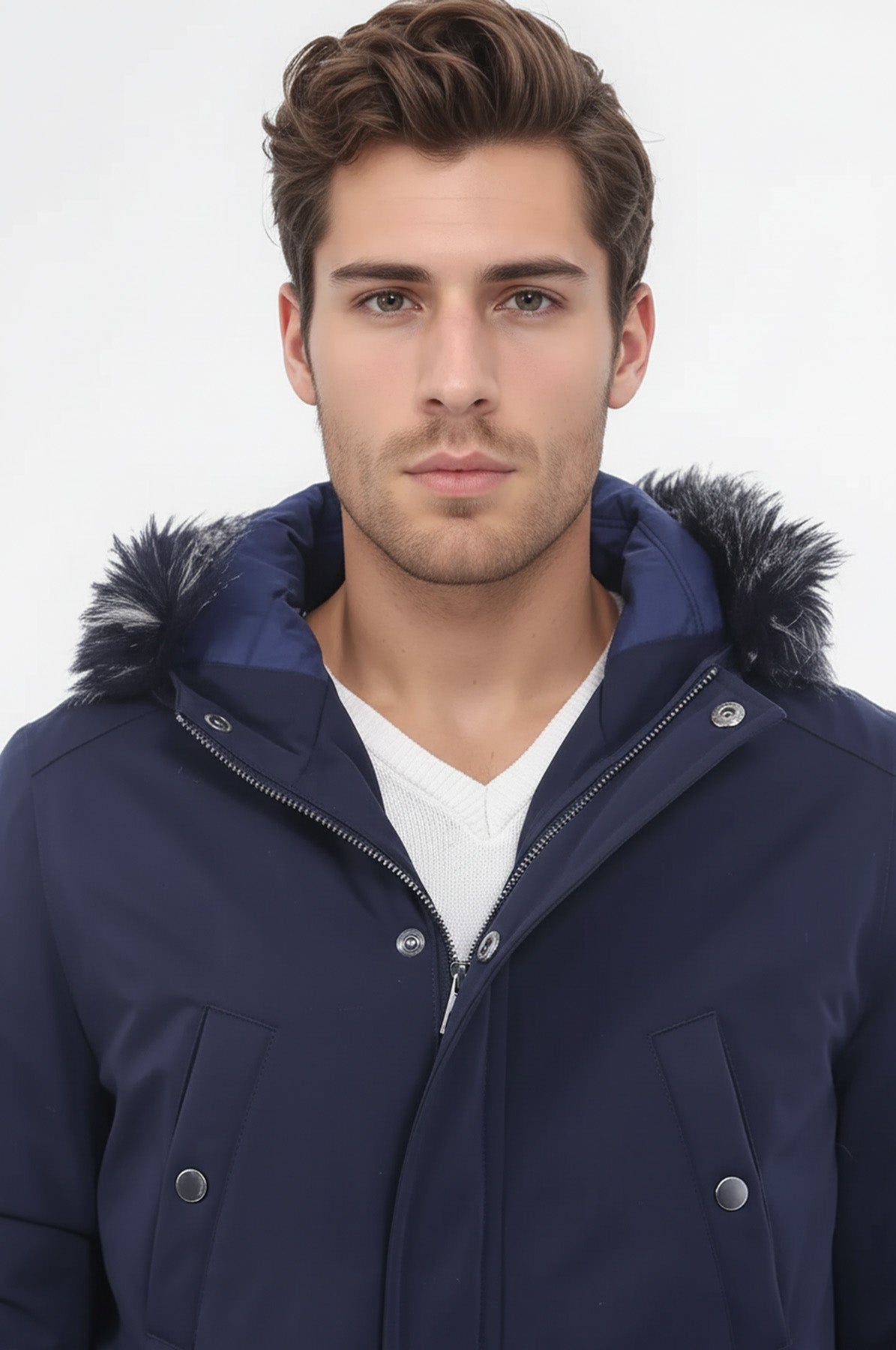 Fur Hooded Navy Blue Men Coat - Wessi