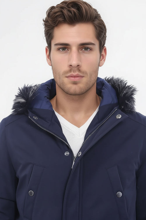 Fur Hooded Navy Blue Men Coat - Wessi
