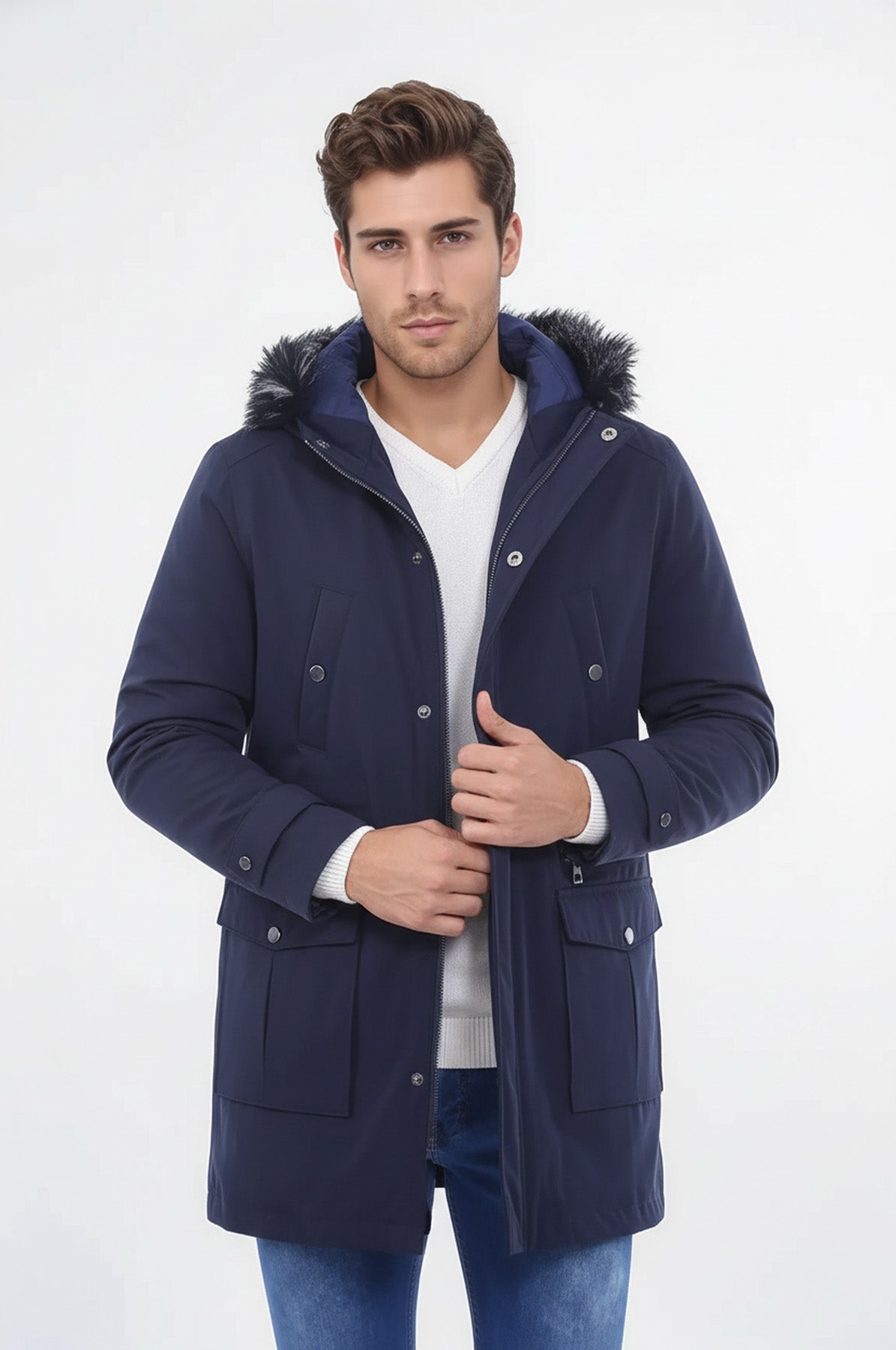 Fur Hooded Navy Blue Men Coat - Wessi
