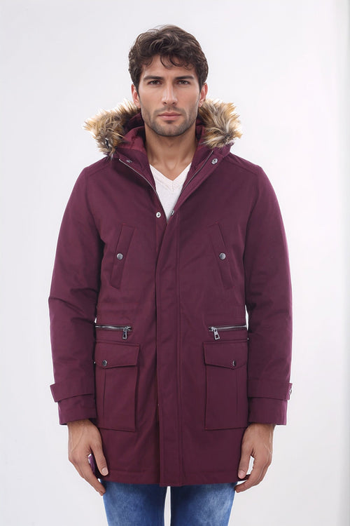 Fur Hooded Burgundy Men Coat - Wessi