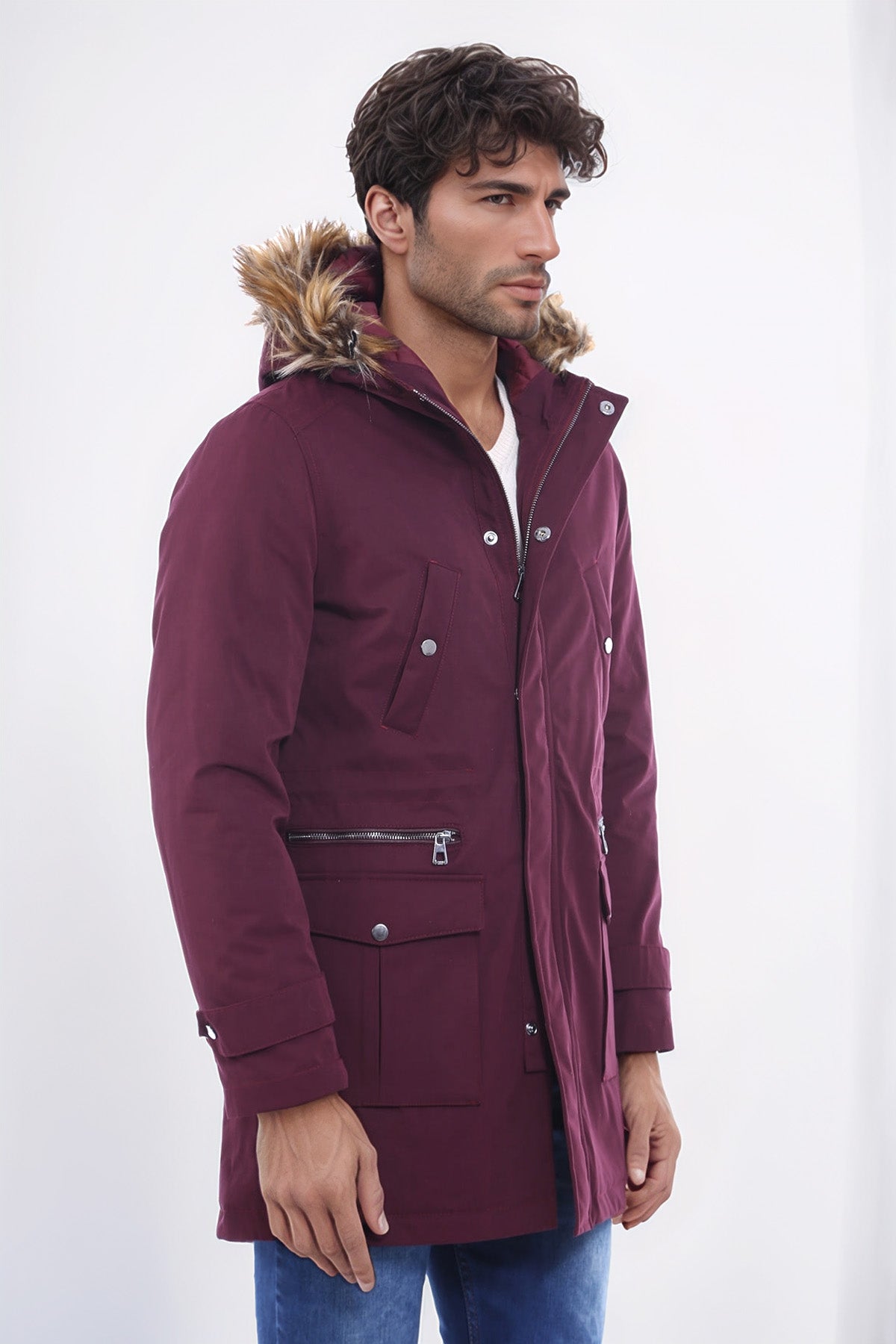 Fur Hooded Burgundy Men Coat - Wessi