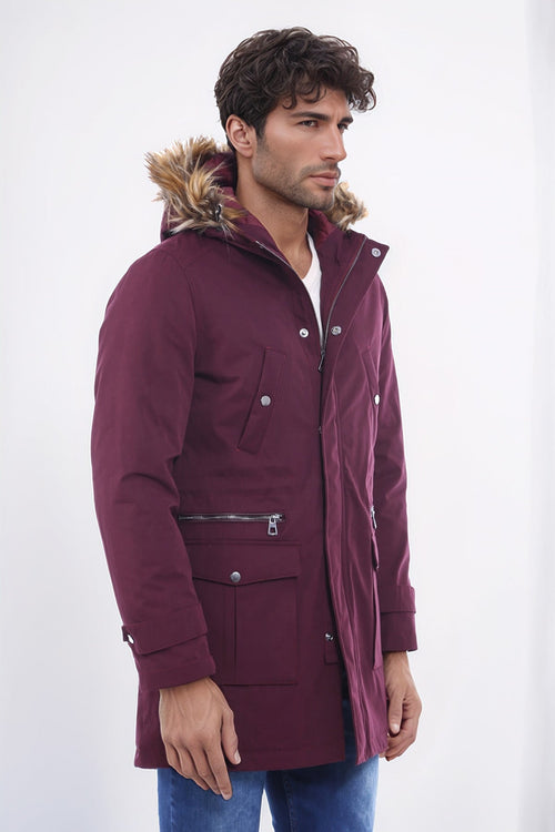 Fur Hooded Burgundy Men Coat - Wessi