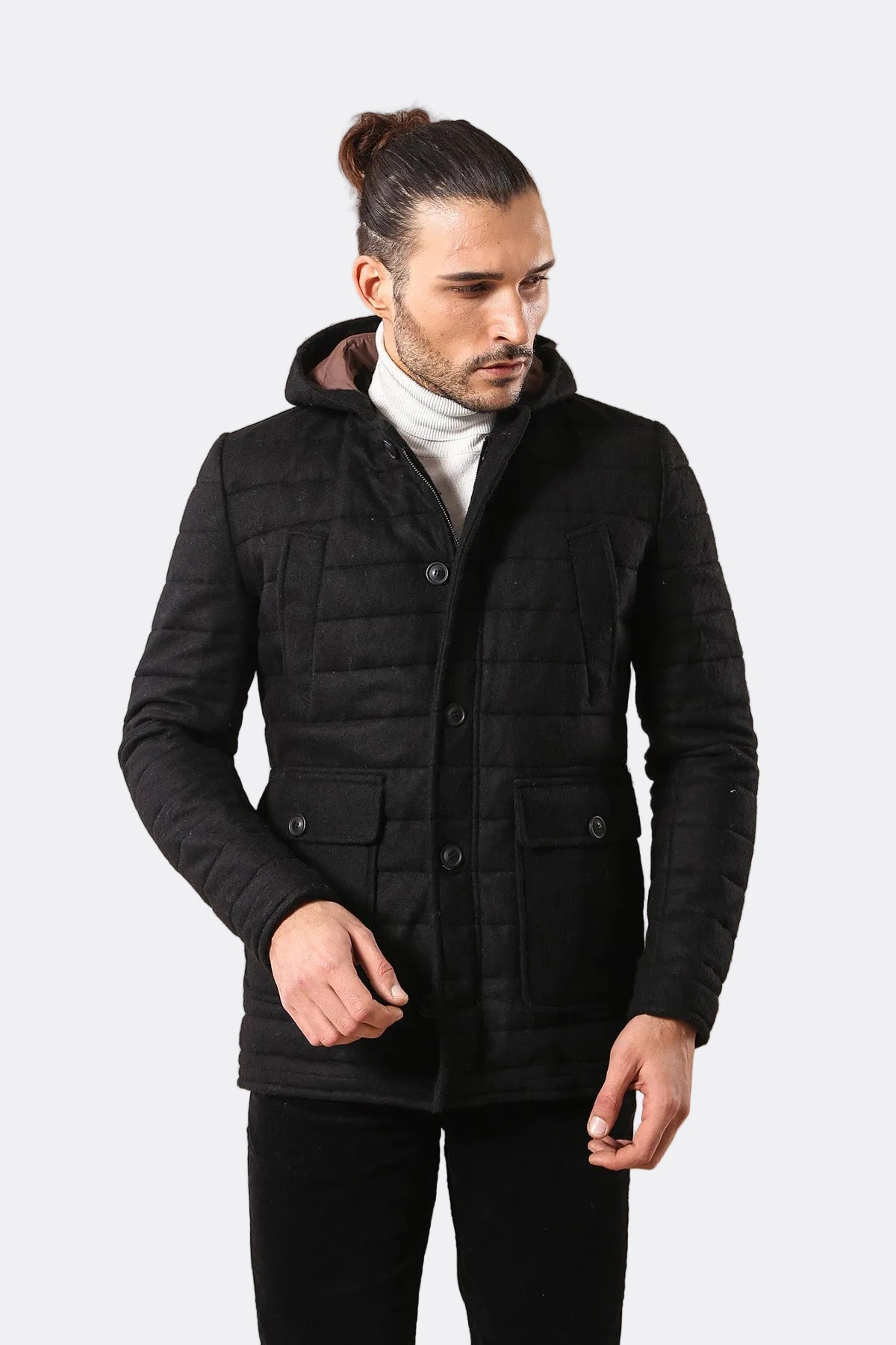 Bag Pocket Felt Hooded 4 Pocket Black Coat-Wessi
