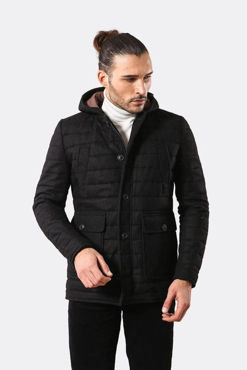 Bag Pocket Felt Hooded 4 Pocket Black Coat-Wessi