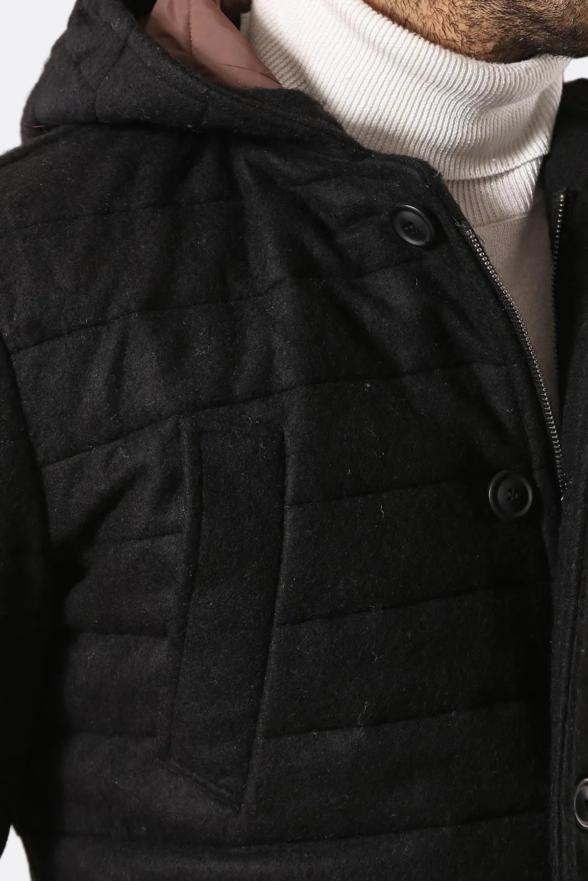 Bag Pocket Felt Hooded 4 Pocket Black Coat-Wessi