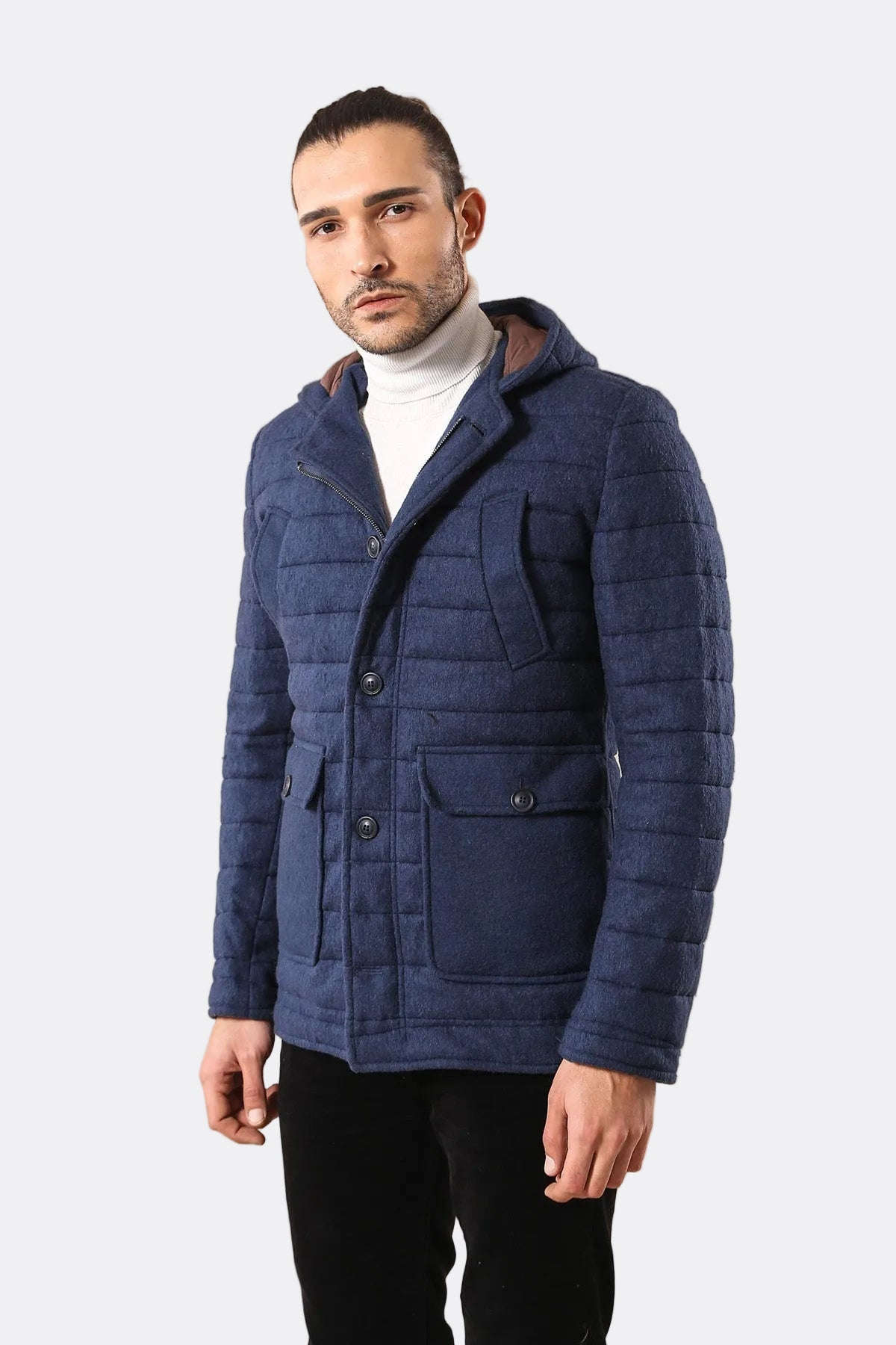 Bag Pocket Felt Hooded 4 Pocket Navy Blue Coat-Wessi
