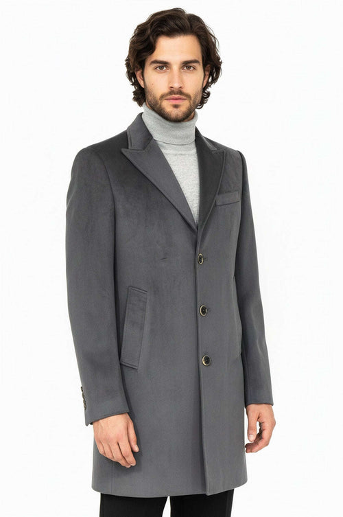 Suede Slim Fit Long Grey Men Coat - Wessi