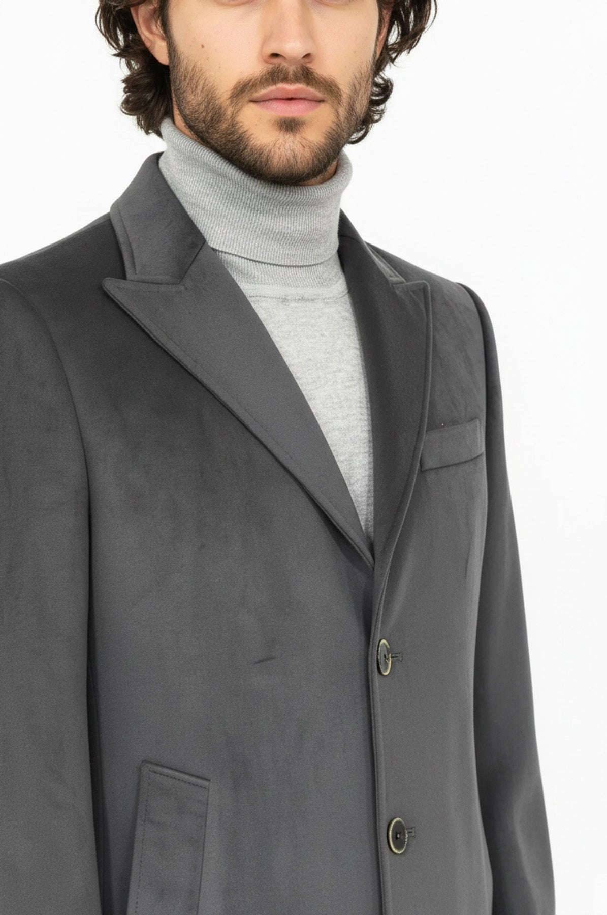 Suede Slim Fit Long Grey Men Coat - Wessi