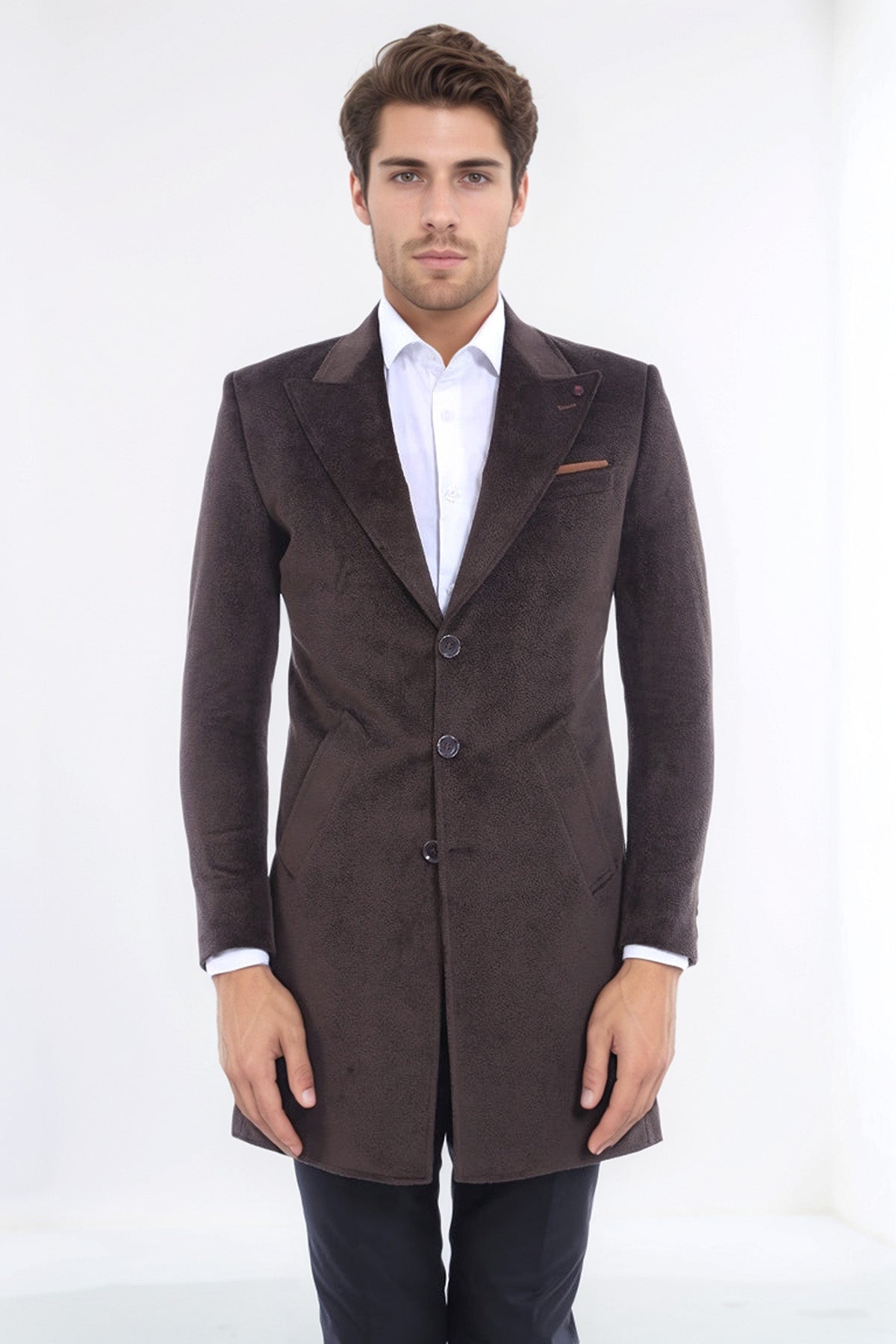 Peak Lapel Brown Men Coat - Wessi