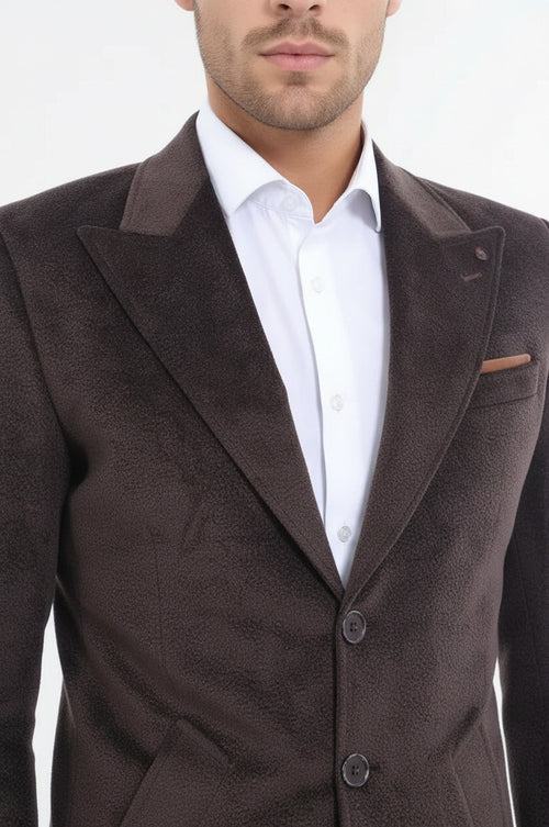 Peak Lapel Brown Men Coat - Wessi
