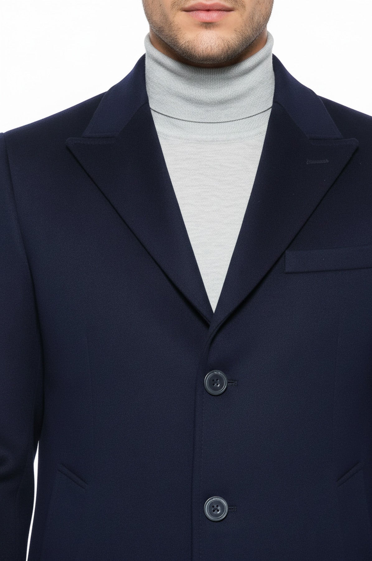 Wide Pointed Collar Over Knee Navy Blue Men Coat - Wessi