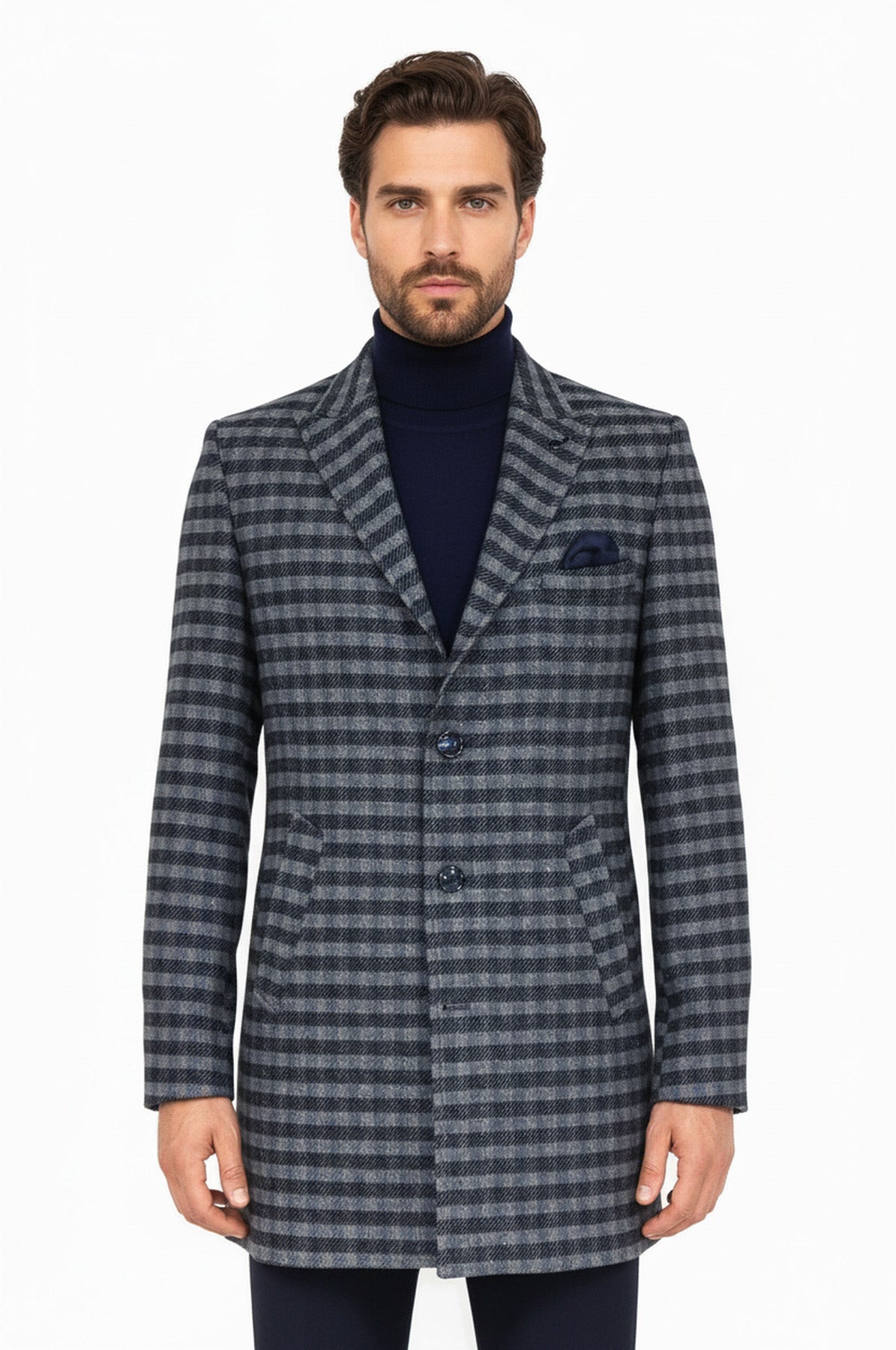 Cachet Plaid Wide Lapel Slim Fit Navy Blue Men Coat - Wessi