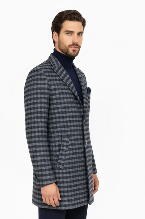 Cachet Plaid Wide Lapel Slim Fit Navy Blue Men Coat - Wessi