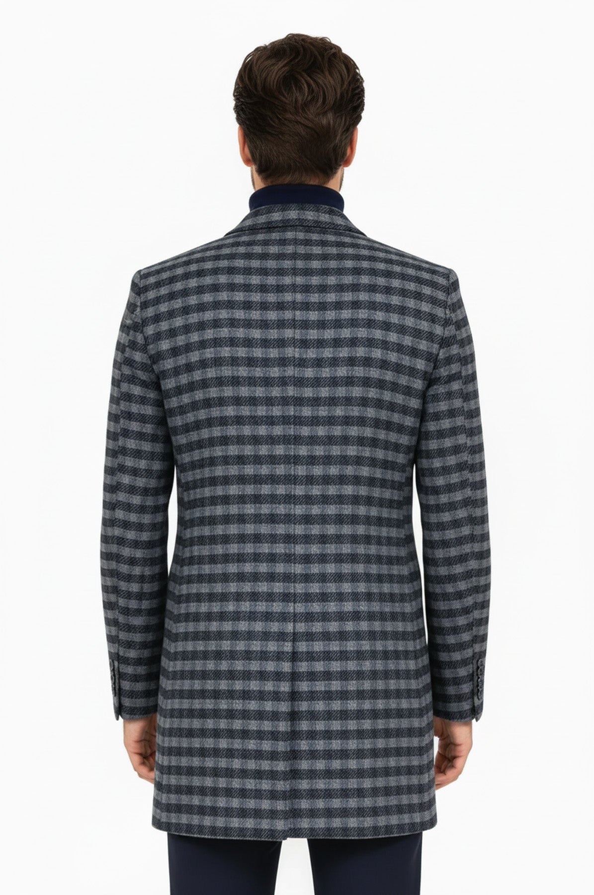 Cachet Plaid Wide Lapel Slim Fit Navy Blue Men Coat - Wessi