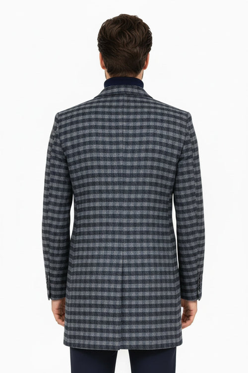 Cachet Plaid Wide Lapel Slim Fit Navy Blue Men Coat - Wessi