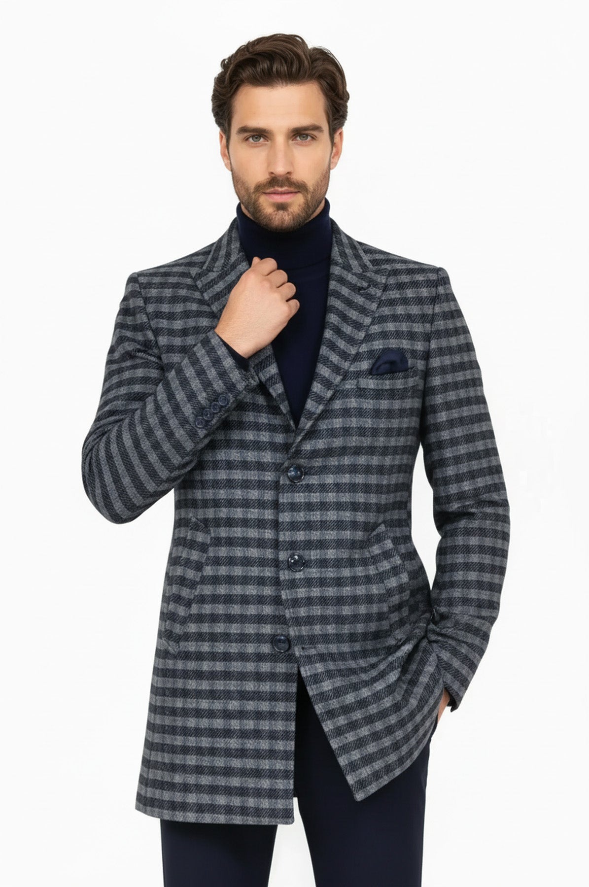 Cachet Plaid Wide Lapel Slim Fit Navy Blue Men Coat - Wessi