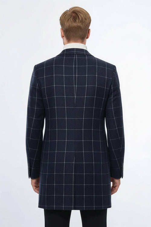 Checked Navy Blue Men Coat - Wessi