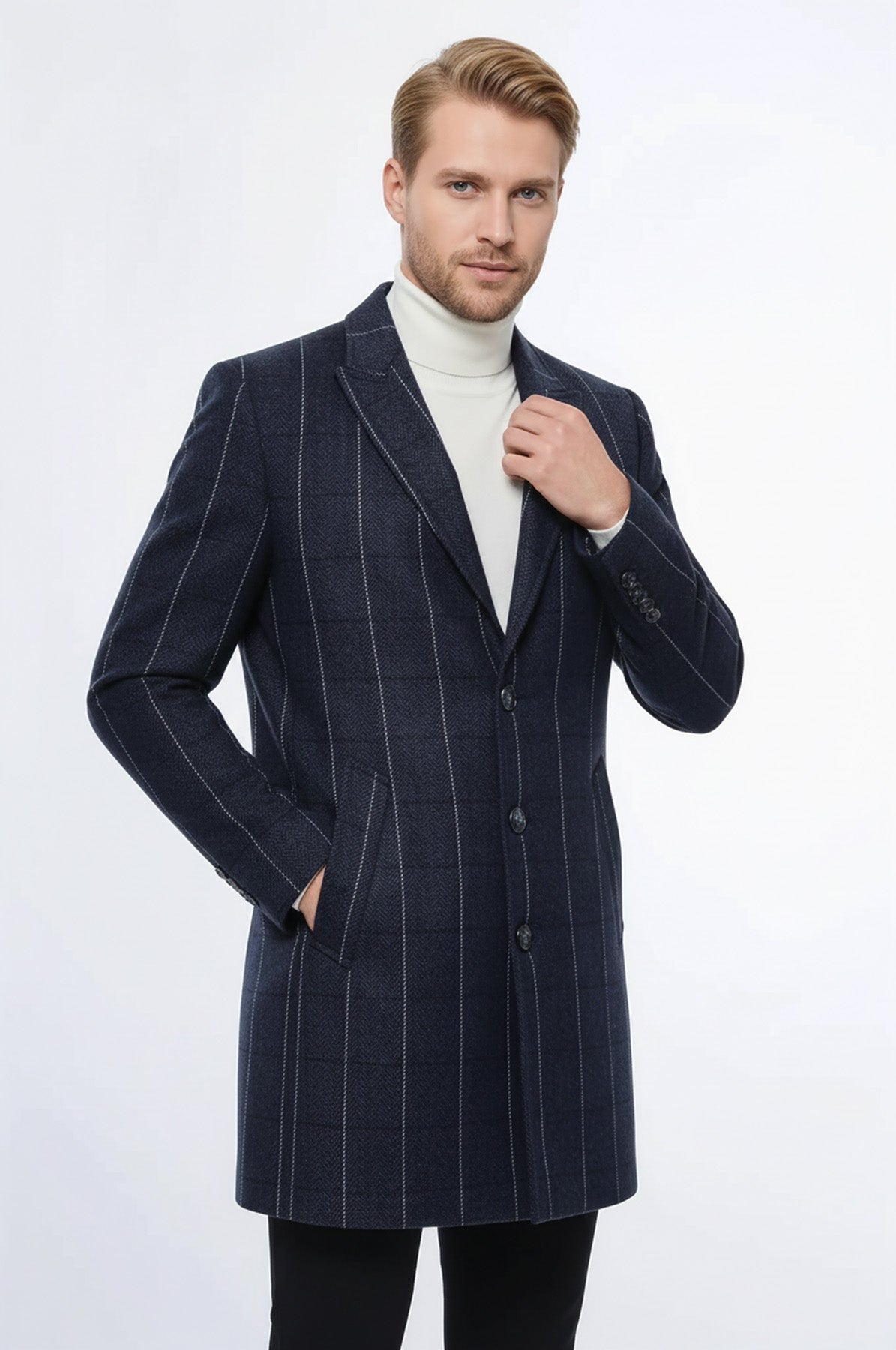 Checked Navy Blue Men Coat - Wessi