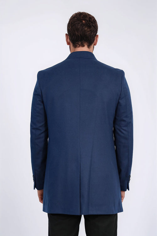 Plain Peak Lapel 3 Buttons Blue Men Coat - Wessi