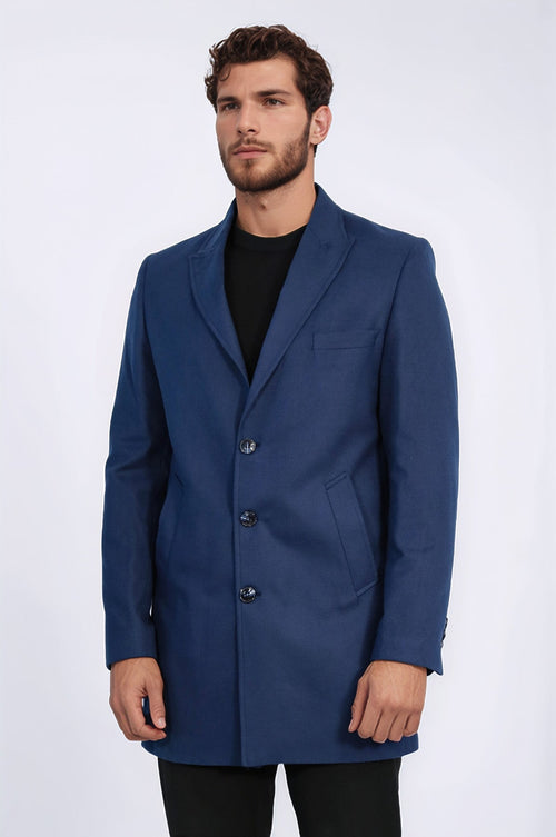 Plain Peak Lapel 3 Buttons Blue Men Coat - Wessi