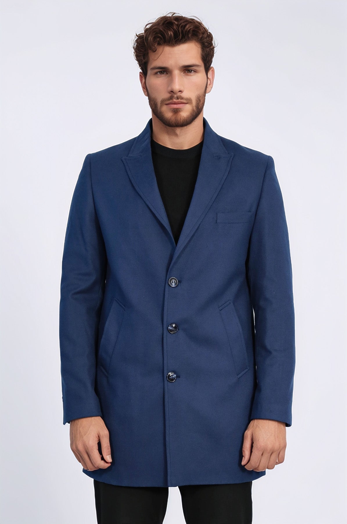 Plain Peak Lapel 3 Buttons Blue Men Coat - Wessi