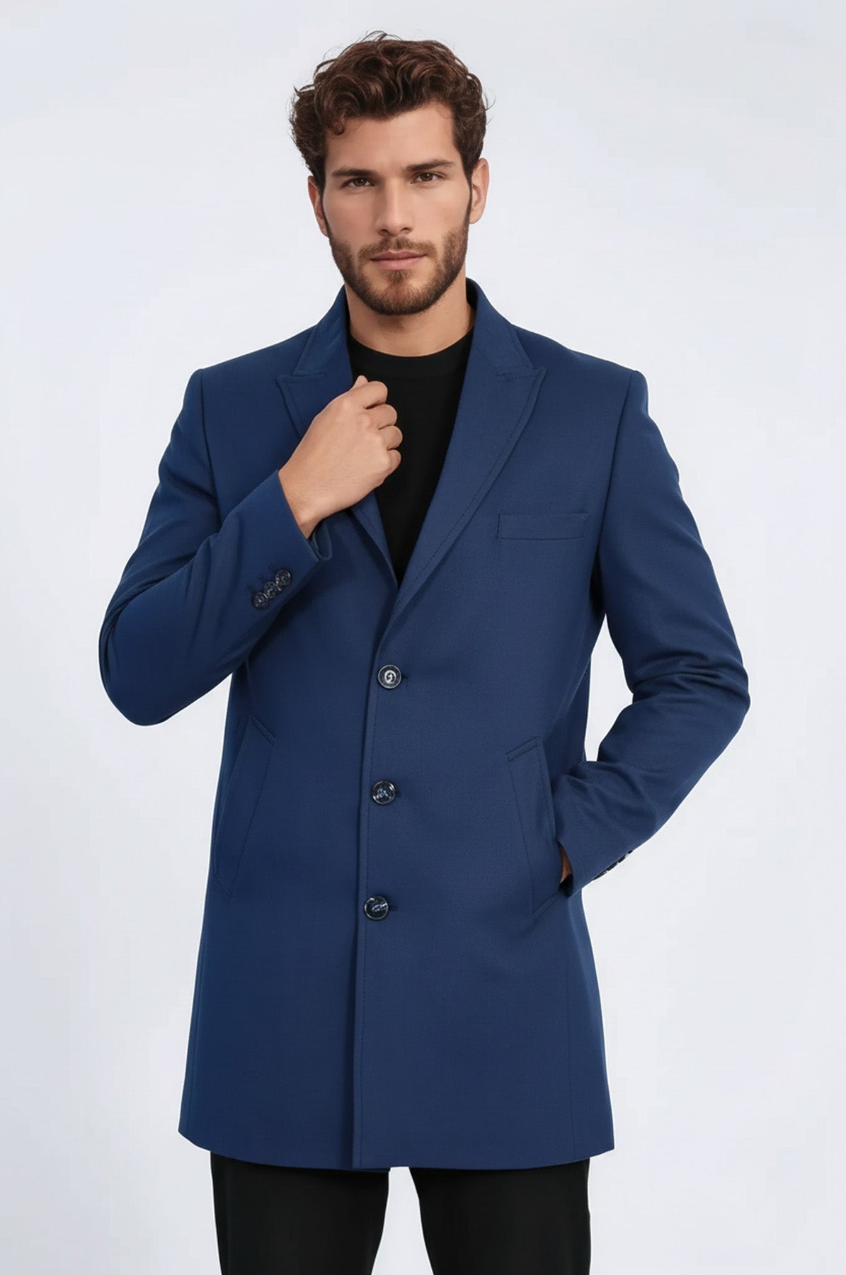 Plain Peak Lapel 3 Buttons Blue Men Coat - Wessi