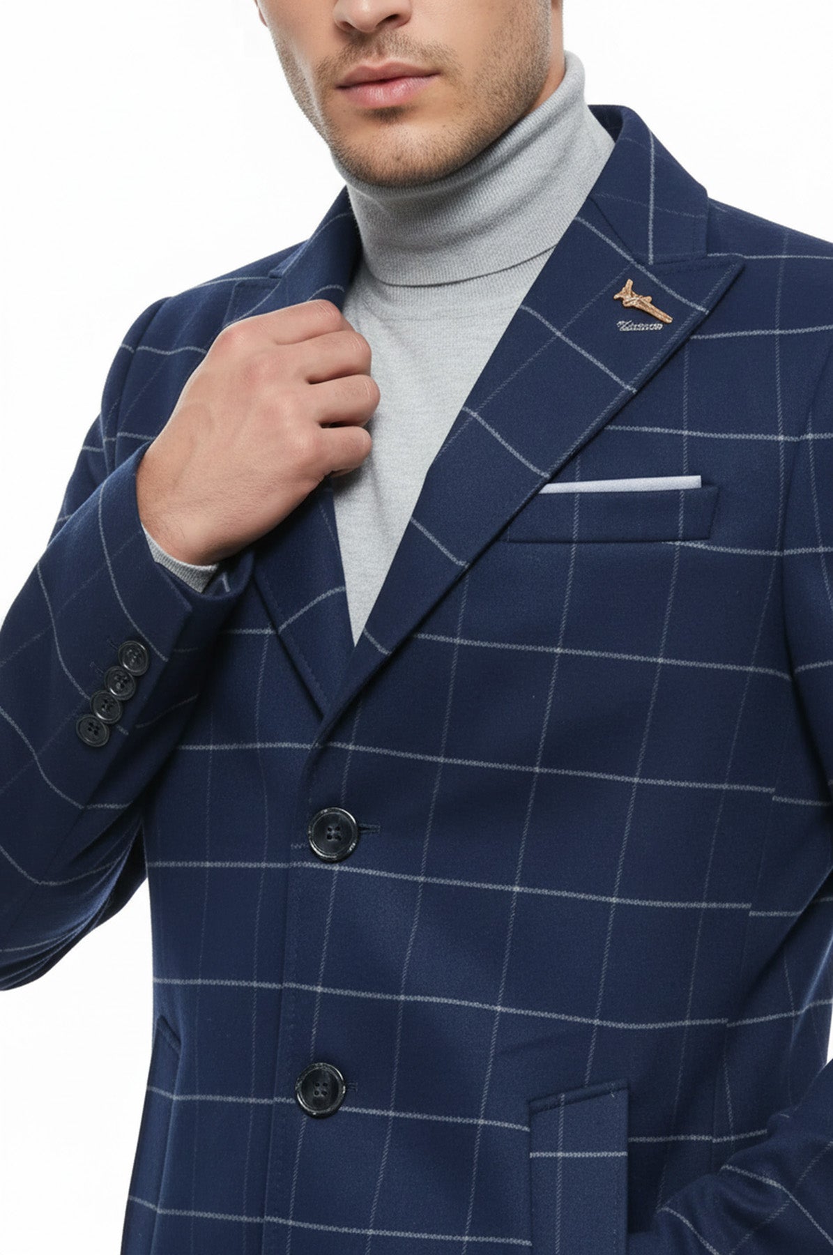 Wide Pointed Collar Indigo Men Coat - Wessi