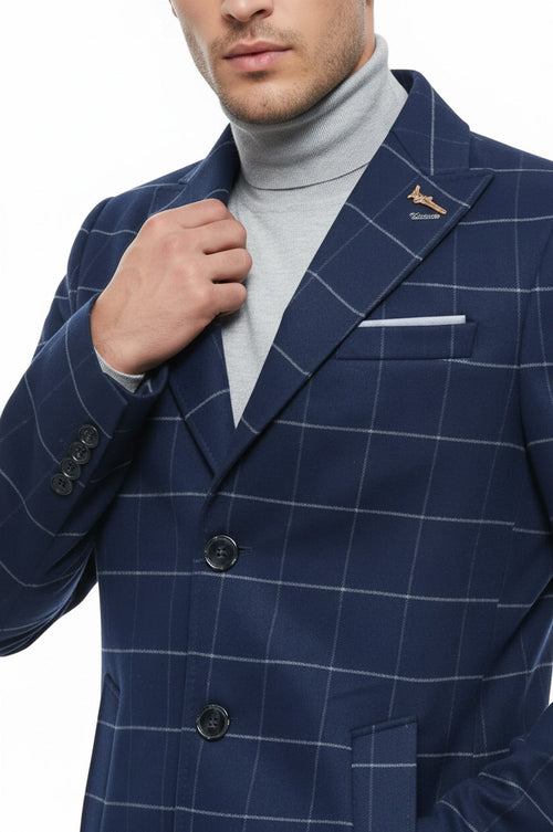 Wide Pointed Collar Indigo Men Coat - Wessi