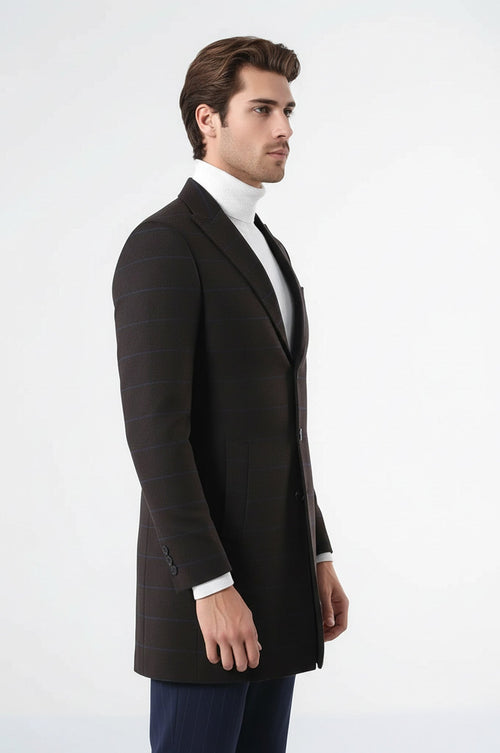 Wide Pointed Collar Brown Men Coat - Wessi