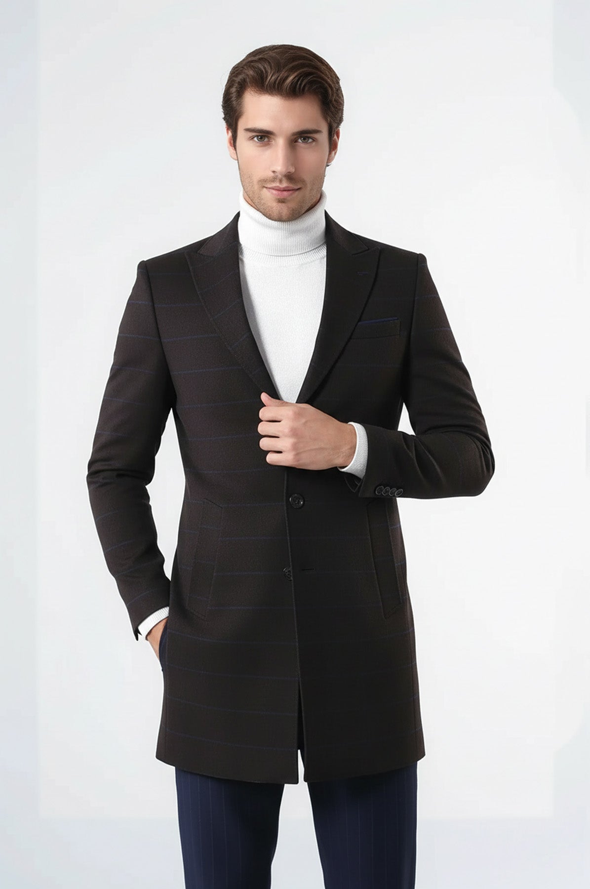 Wide Pointed Collar Brown Men Coat - Wessi