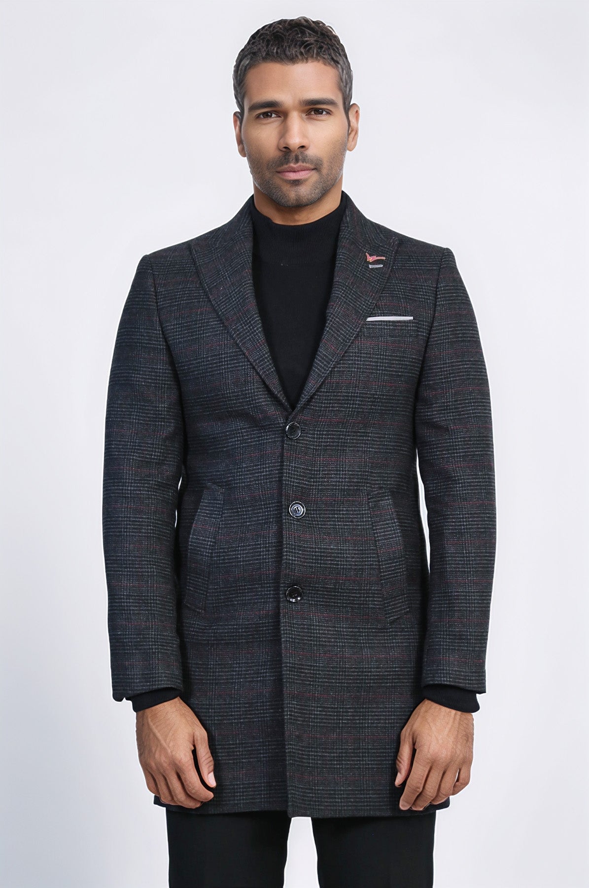 Wide Pointed Collar Anthracitic Plaid Coat - Wessi