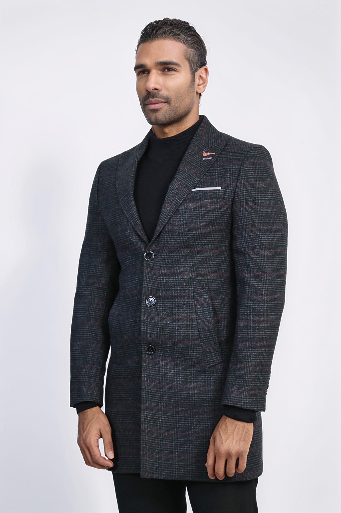 Wide Pointed Collar Anthracitic Plaid Coat - Wessi