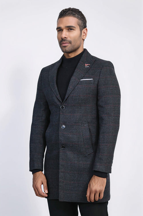 Wide Pointed Collar Anthracitic Plaid Coat - Wessi