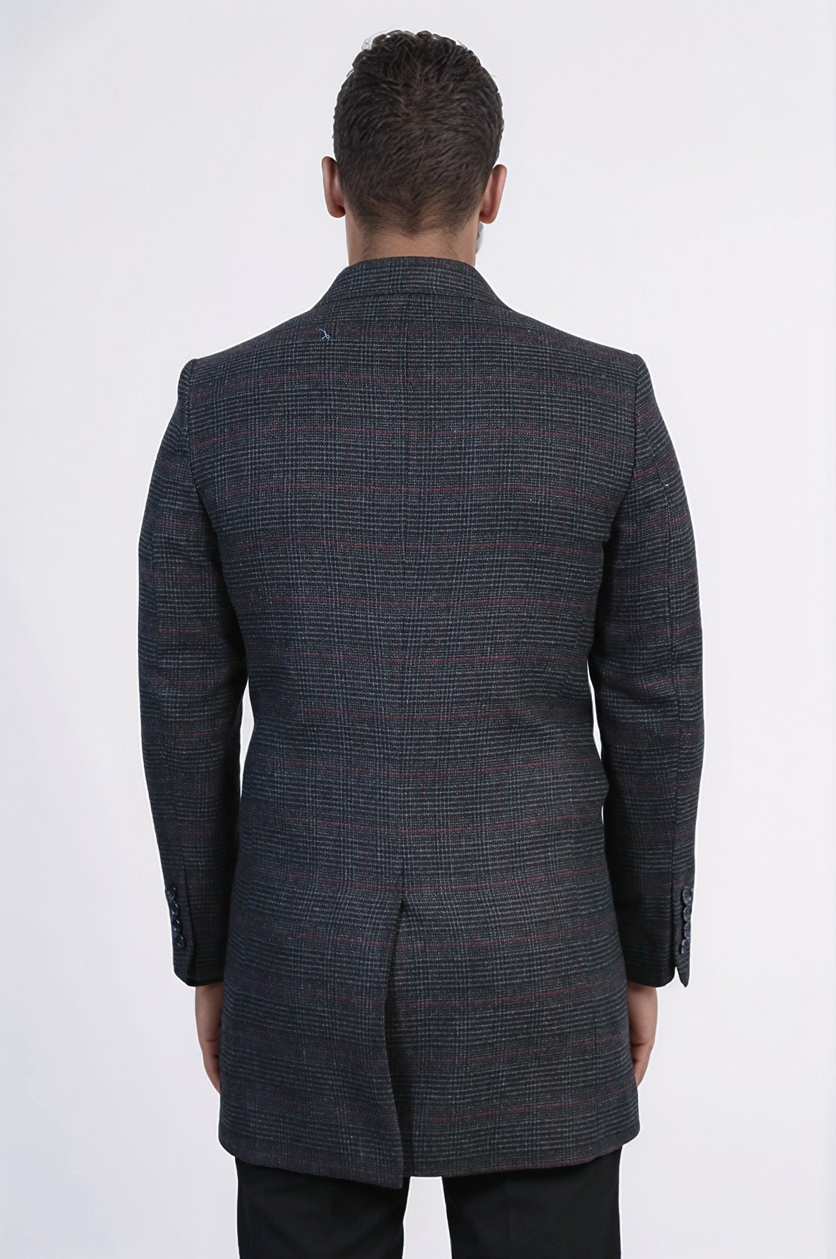 Wide Pointed Collar Anthracitic Plaid Coat - Wessi