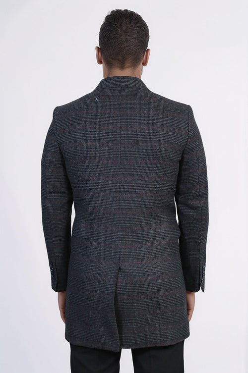 Wide Pointed Collar Anthracitic Plaid Coat - Wessi