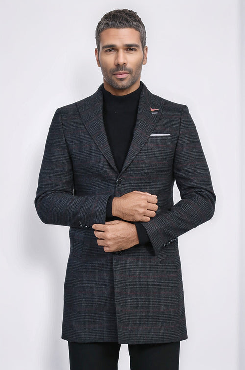 Wide Pointed Collar Anthracitic Plaid Coat - Wessi