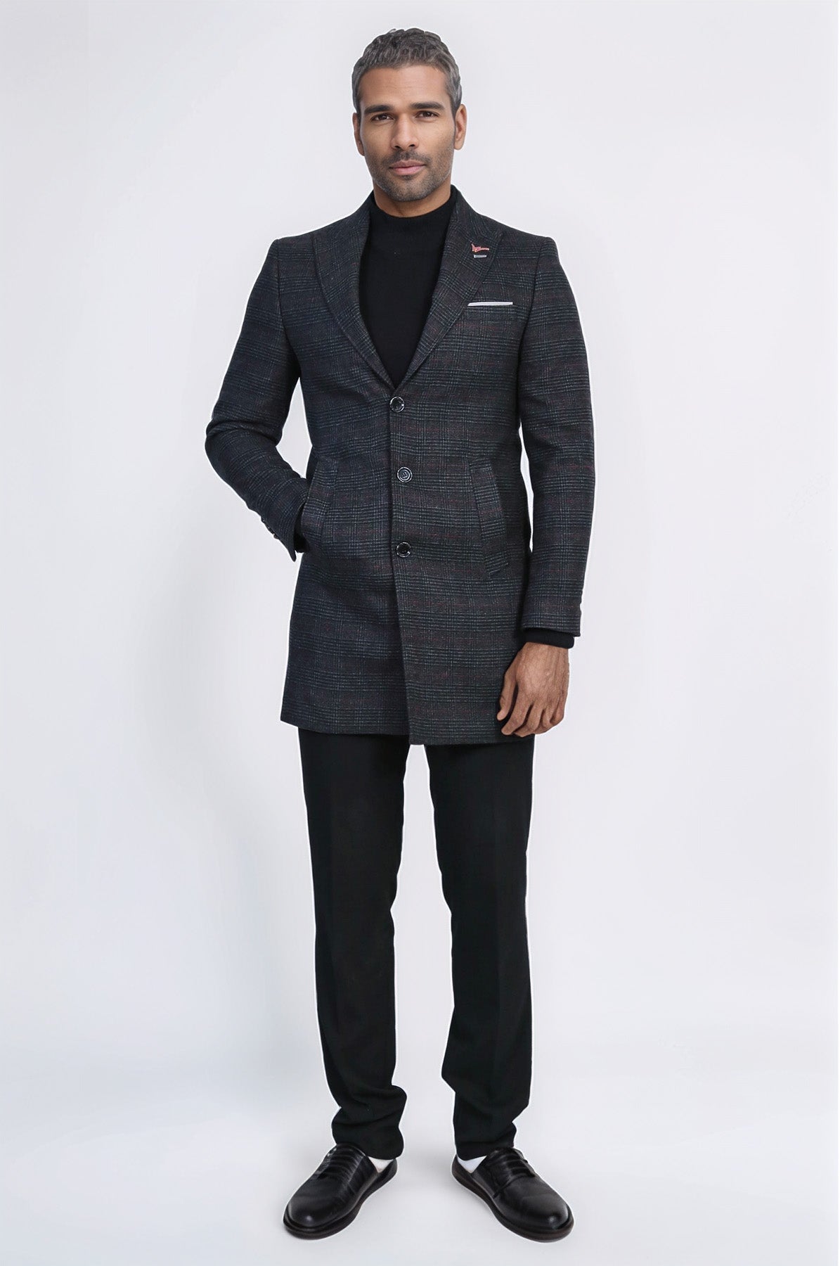 Wide Pointed Collar Anthracitic Plaid Coat - Wessi