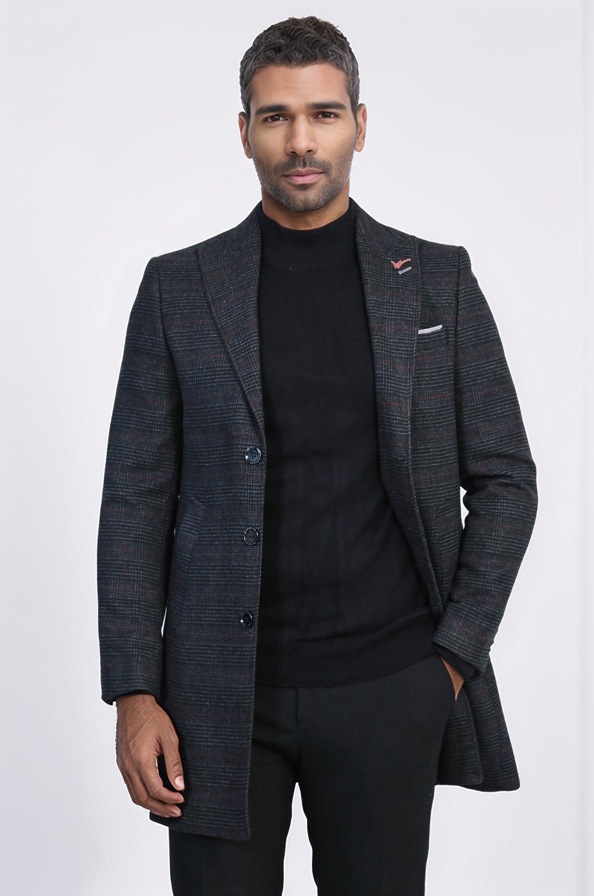 Wide Pointed Collar Anthracitic Plaid Coat - Wessi