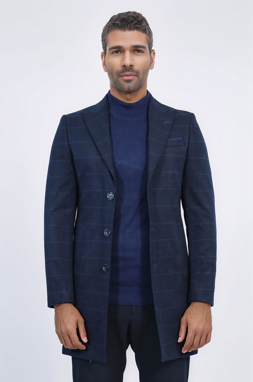 Wide Pointed Collar Navy Blue Plaid Coat - Wessi