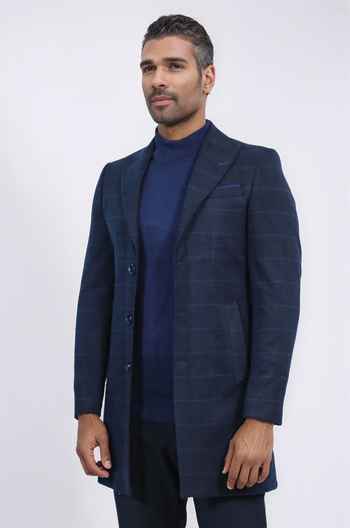 Wide Pointed Collar Navy Blue Plaid Coat - Wessi