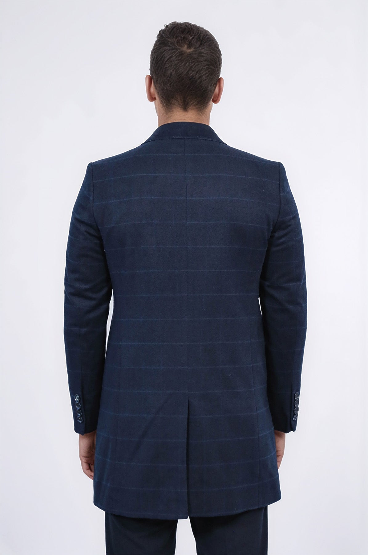 Wide Pointed Collar Navy Blue Plaid Coat - Wessi