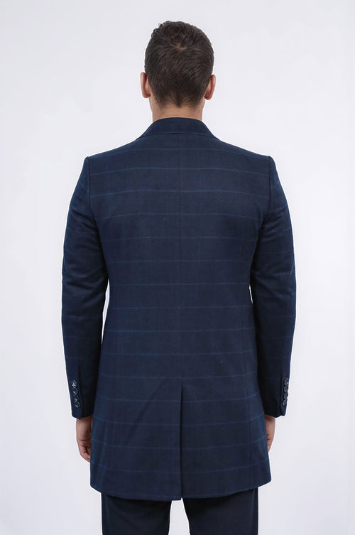 Wide Pointed Collar Navy Blue Plaid Coat - Wessi