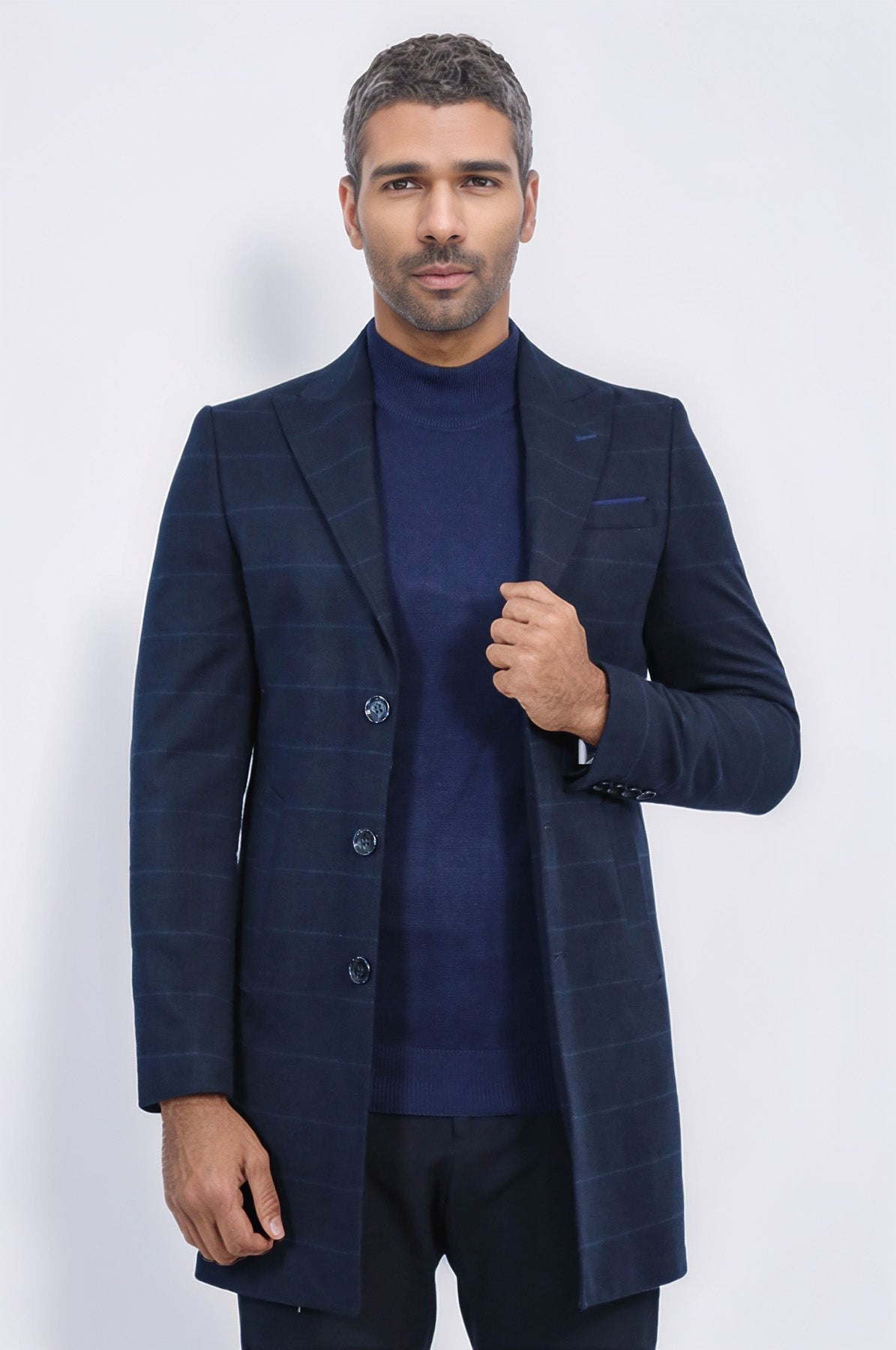 Wide Pointed Collar Navy Blue Plaid Coat - Wessi