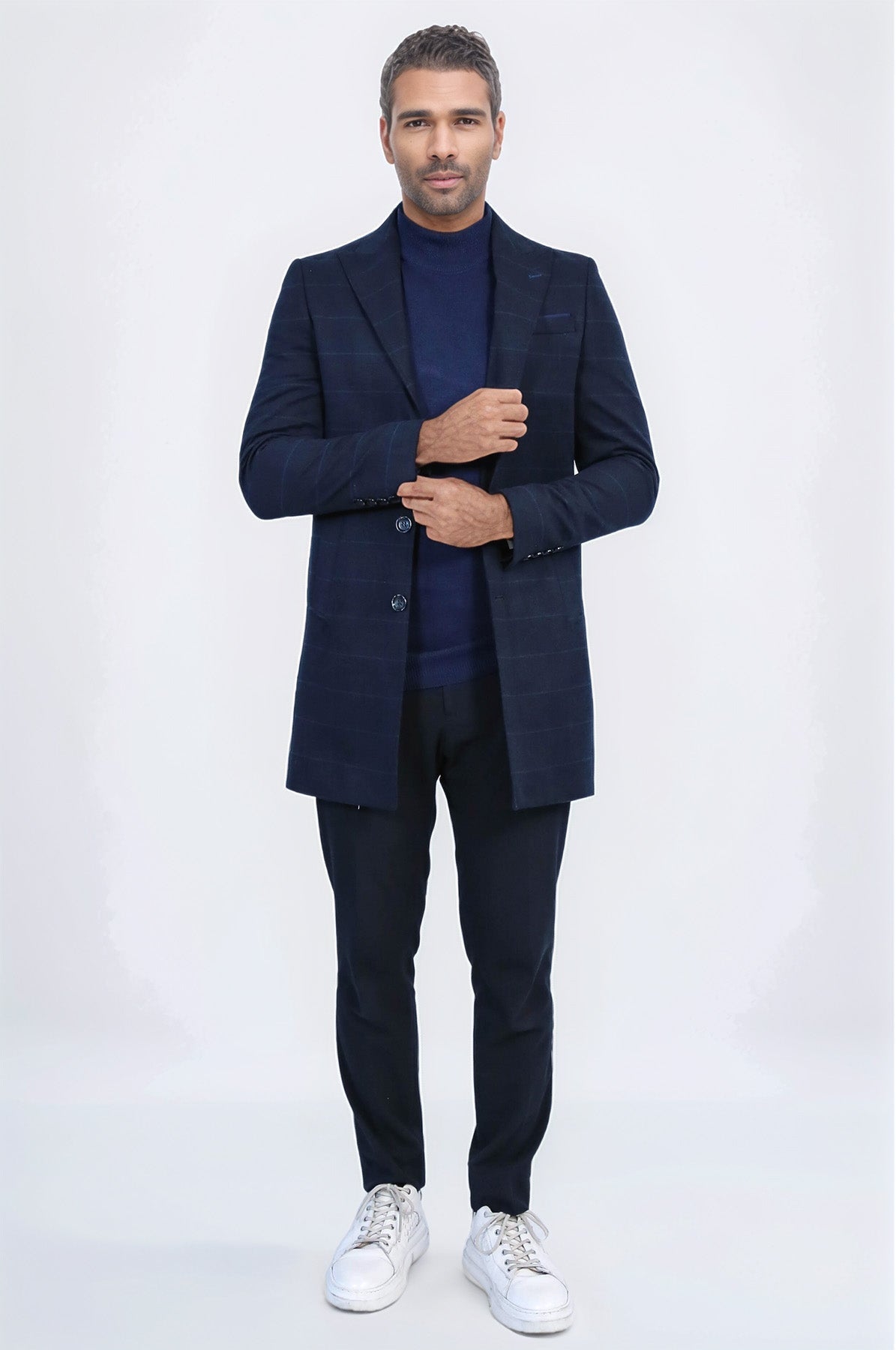 Wide Pointed Collar Navy Blue Plaid Coat - Wessi