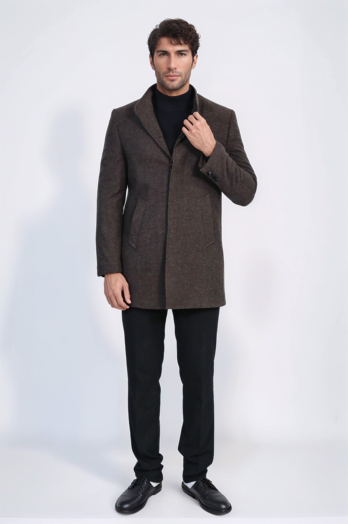 Mandarin Collar Brown Short Coat - Wessi